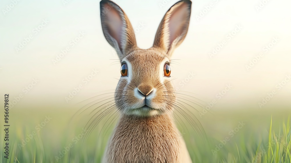 Fototapeta premium Realistic rabbit with expressive eyes, sitting in a lush green field, perfect for nature, wildlife, or pet-themed projects.
