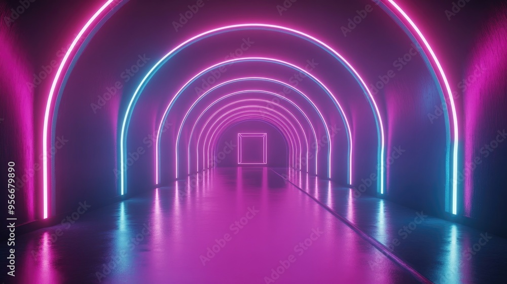 3D rendering of a glowing tunnel with neon lights featuring an abstract background square portal and arch in vibrant pink and blue spectrum colors resembling a laser show 3D rendering of a glowing tunnel with neon lights featuring an abstract background square portal and arch in vibrant pink and blue spectrum colors resembling a laser show