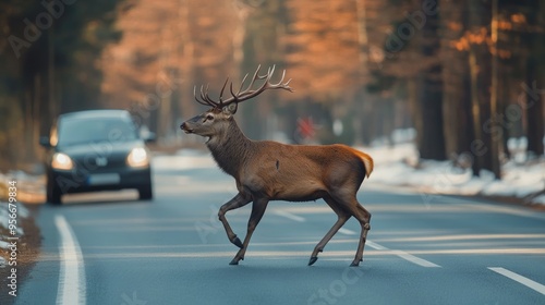 A large brown deer dashes across the road just ahead of an oncoming car, depicting a near-miss accident in a forested area. The danger of hitting wildlife is evident photo