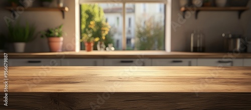 3D rendering of a kitchen table with a wooden countertop featuring a blurred abstract home interior with bokeh effects suitable for showcasing wooden dining backgrounds