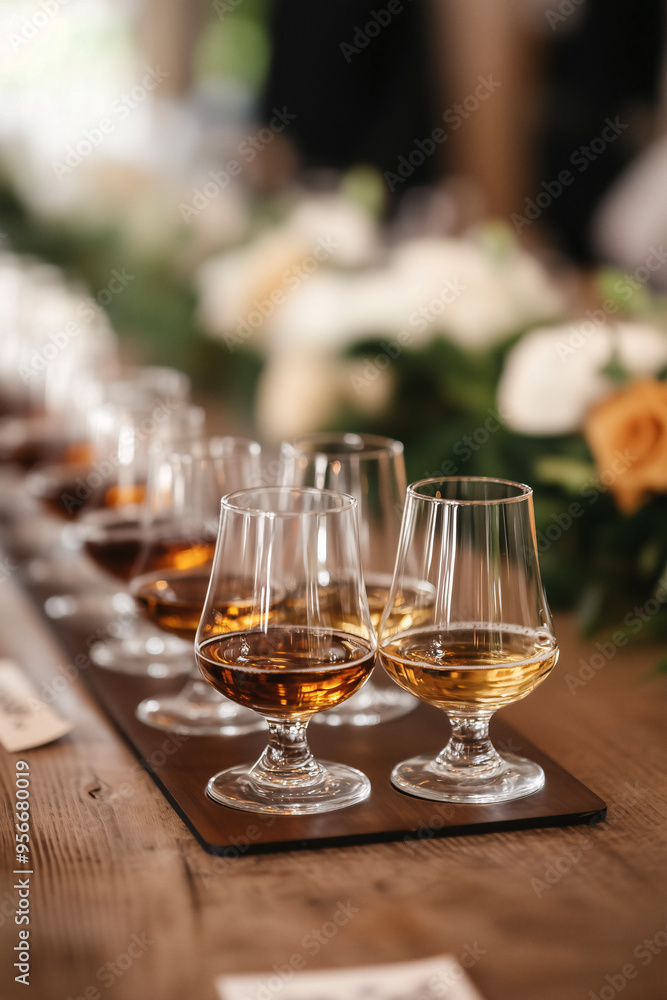 An elegant whiskey tasting setup with a flight of different aged whiskeys, tasting notes, and a refined setting An elegant whiskey tasting setup with a flight of different aged whiskeys, tasting notes, and a refined setting