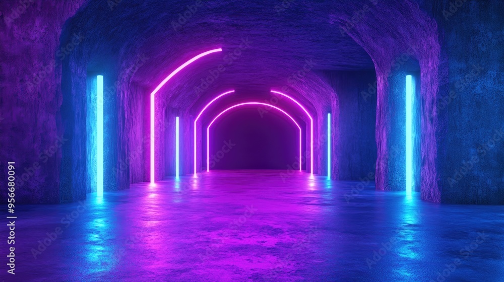 Neon Glowing Sci Fi Night Fashion Club with Laser Beams in a Purple and Blue Concrete Grunge Reflective Underground Space 3D Rendering Illustration Neon Glowing Sci Fi Night Fashion Club with Laser Beams in a Purple and Blue Concrete Grunge Reflective Underground Space 3D Rendering Illustration