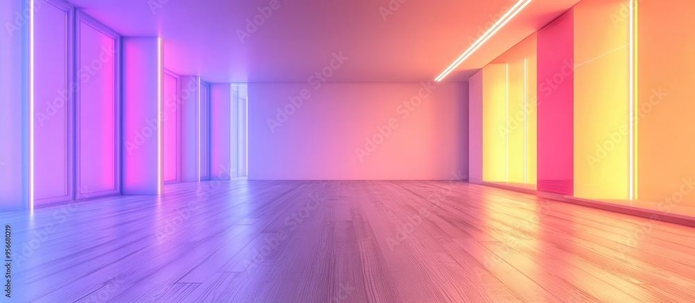 3D rendering of a contemporary vacant interior featuring wooden flooring and white walls 3D rendering of a contemporary vacant interior featuring wooden flooring and white walls