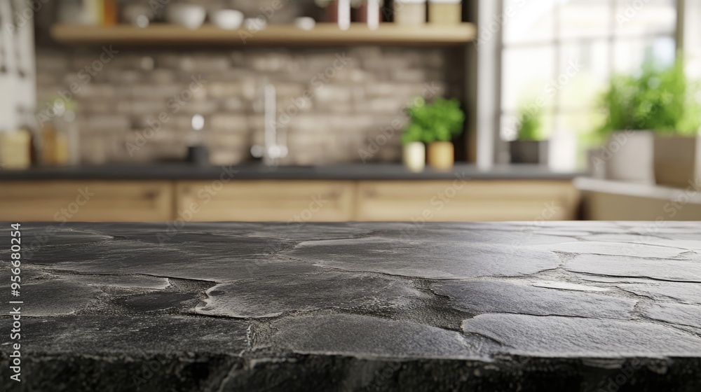 3D rendering of a stone tabletop with a blurred kitchen interior background ideal for displaying or showcasing products 3D rendering of a stone tabletop with a blurred kitchen interior background ideal for displaying or showcasing products