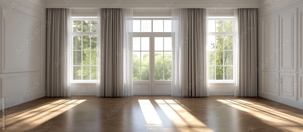 Fototapeta premium 3D rendering of an empty living room featuring a large bright window with curtains and a closed door showcasing modern design with white walls and hardwood flooring