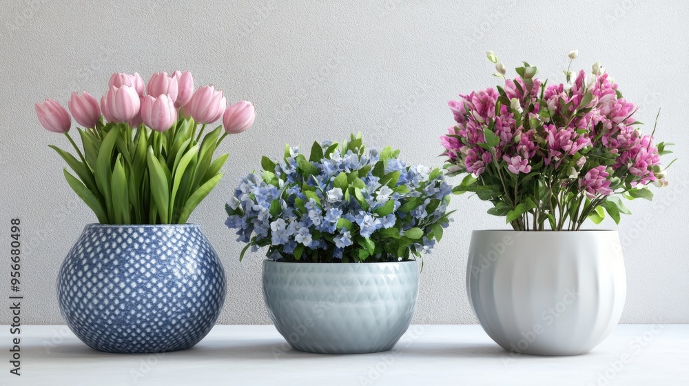 custom made wallpaper toronto digital3D rendering of decorative ceramic flowers in pots for interior design