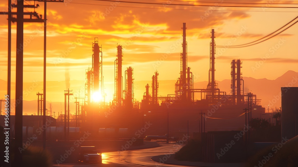 A sunset over a city skyline with a large industrial area in the background. The sky is orange and the sun is setting A sunset over a city skyline with a large industrial area in the background. The sky is orange and the sun is setting