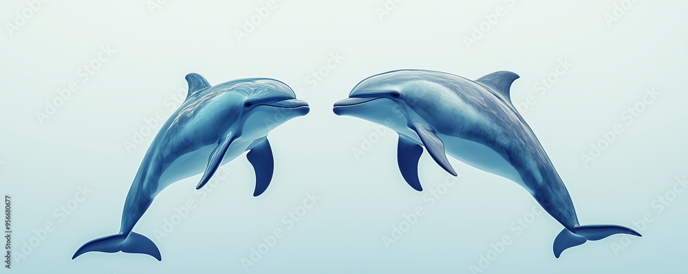 Fototapeta premium Two playful dolphins swim gracefully together in clear blue water, showcasing their intelligence and social behavior.