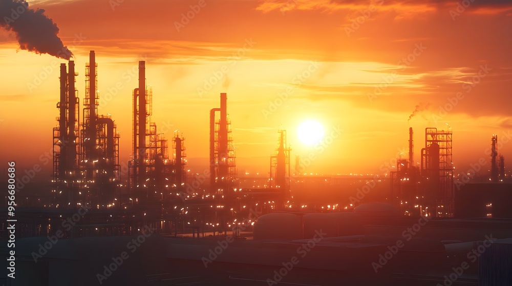 A sunset over a city skyline with a large industrial area in the background. The sky is orange and the sun is setting A sunset over a city skyline with a large industrial area in the background. The sky is orange and the sun is setting