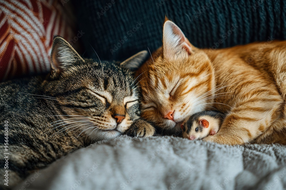Two Cats and a Mouse Sleeping Together on a Blanket Two Cats and a Mouse Sleeping Together on a Blanket
