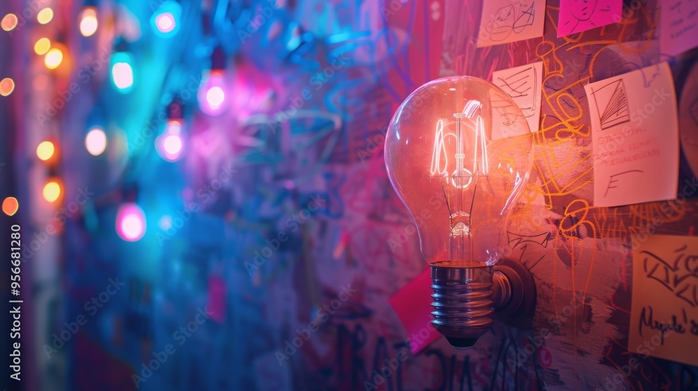 Creative workspace with glowing bulb, neon lights, and idea post-it notes on a wall. Brainstorming concept for inspiration and collaboration.