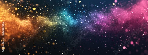 Abstract powder splatted background in 3D cartoon rendering featuring freeze motion of color powder exploding and multicolored glitter texture on a dark backdrop