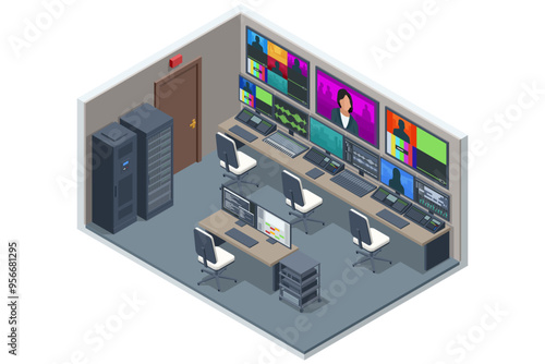 Isometric Profesional video studio. TV station, producer, broadcast control room. Show production maker. Television. Video equipment