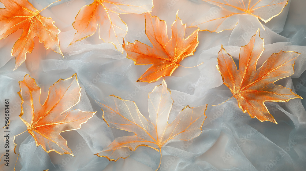 Obraz premium A cluster of semi-transparent orange maple leaves with elegant gold-trimmed edges, featuring subtle crack patterns on each leaf's surface