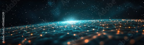 Abstract landscape in a dark background featuring a star horizon cyberspace grid and a high tech network in an outer space setting 3D cartoon rendering Starry outer space texture 3D illustration