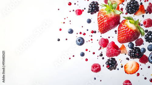 Collection of various falling fresh ripe wild berries on white background. Raspberry, blackberry and blueberry.