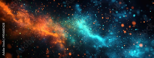 Abstract image featuring a blend of blue green and orange particles rendered in 3D cartoon style against a dark background evoking a cosmic scene or nebula like formation