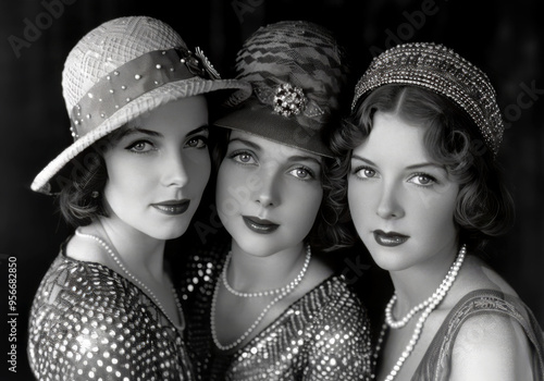 A black-and-white portrait of three elegant women from the 1920s, showcasing their glamorous fashion with cloche hats, pearls, and sequined dresses, epitomizing the vintage style of the Jazz Age. photo