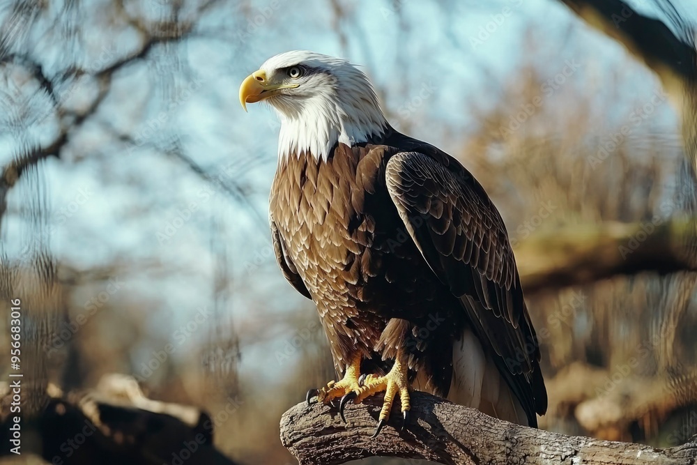 Fototapeta premium Bald Eagle Perched on a Branch with a Blurry Background