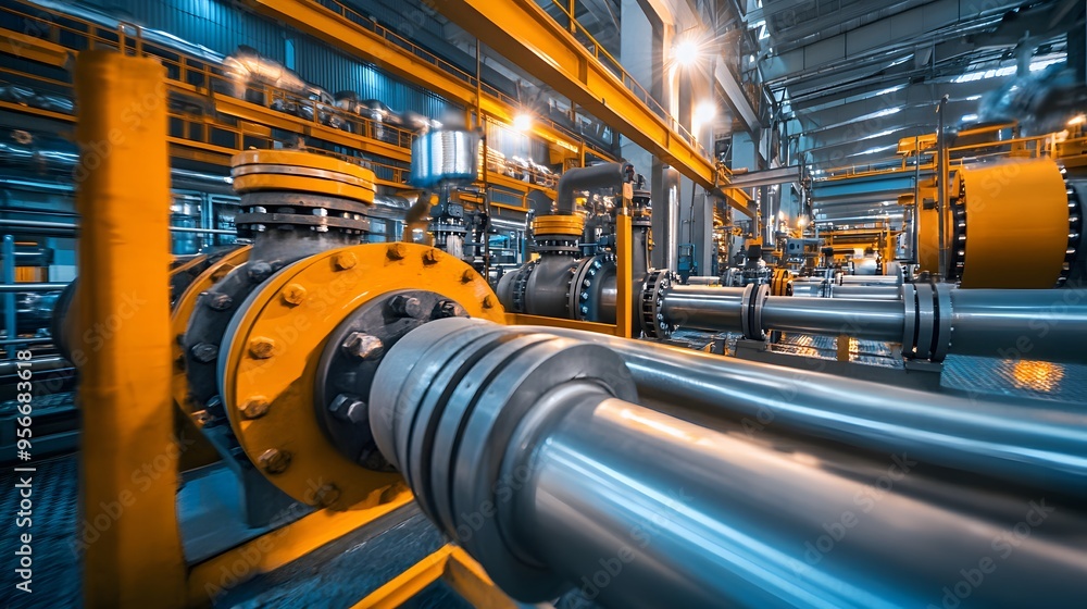 A large industrial building with pipes and valves. The pipes are yellow and silver. Scene is industrial and mechanical A large industrial building with pipes and valves. The pipes are yellow and silver. Scene is industrial and mechanical