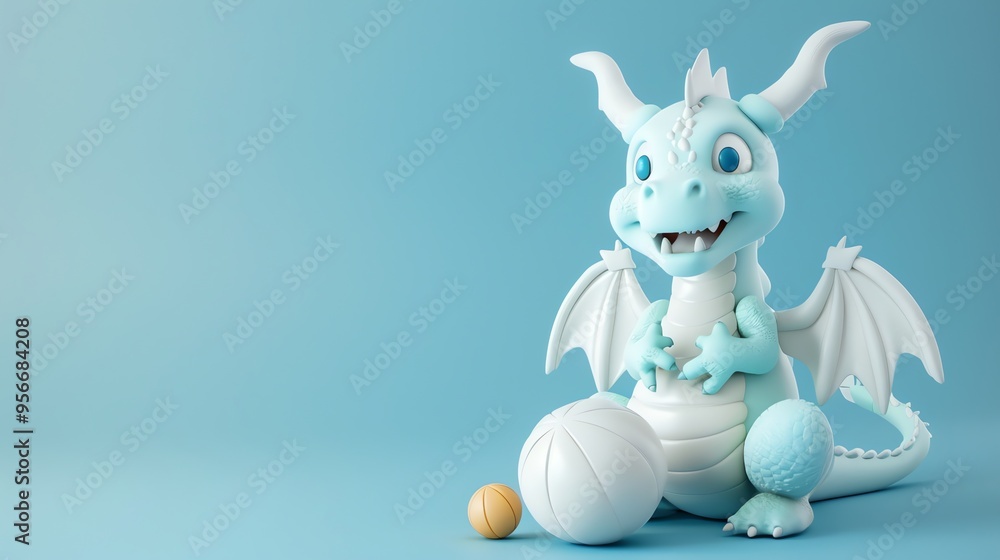 Fototapeta premium A cute cartoon dragon is playing with basketballs on a blue background.