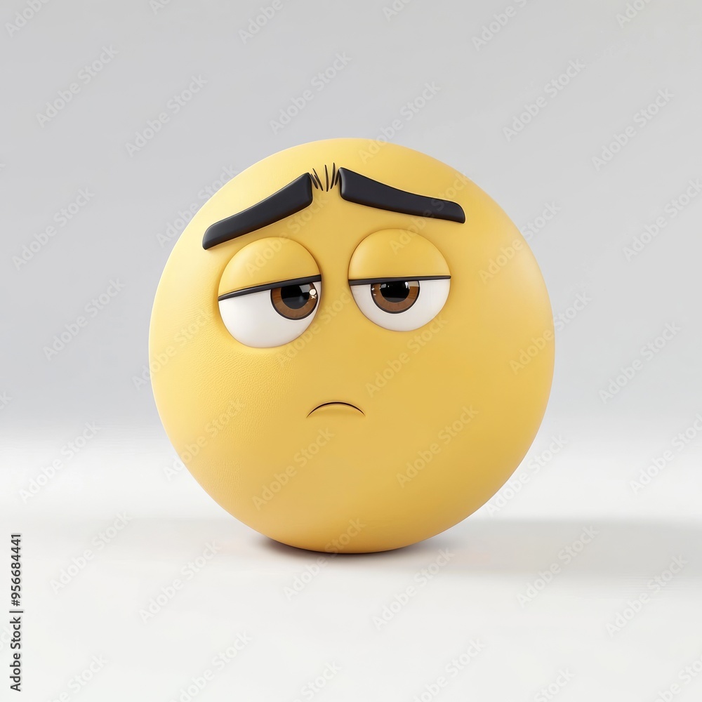Fototapeta premium A confused emoji with frowning eyebrows and a tilted head expresses uncertainty in a minimalist white setting, evoking humor and curiosity in a playful visual style