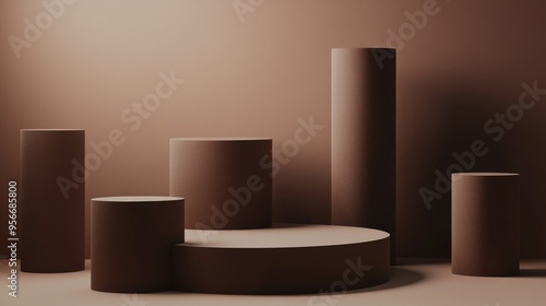 Abstract 3D space featuring a collection of realistic brown cylindrical pedestals Minimalist setup ideal for product display mockup presentations 3D rendering of geometric shapes Stage showcase