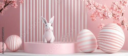 Easter greeting card template featuring 3D striped eggs pink podium for product display and a whimsical pastel backdrop with an adorable bunny and ample space for text photo