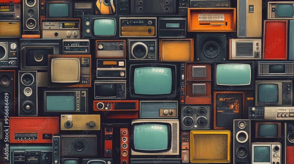Obraz premium A seamless pattern of retro electronics like TVs, amplifiers, and radios, stacked together. The image serves as a unique background with a nostalgic touch
