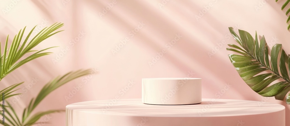 Elegant paper podium stand on a soft pastel background featuring a marine plant Ideal mockup for skincare spa and cosmetic product presentations 3D render Geometric cylindrical object composition Elegant paper podium stand on a soft pastel background featuring a marine plant Ideal mockup for skincare spa and cosmetic product presentations 3D render Geometric cylindrical object composition