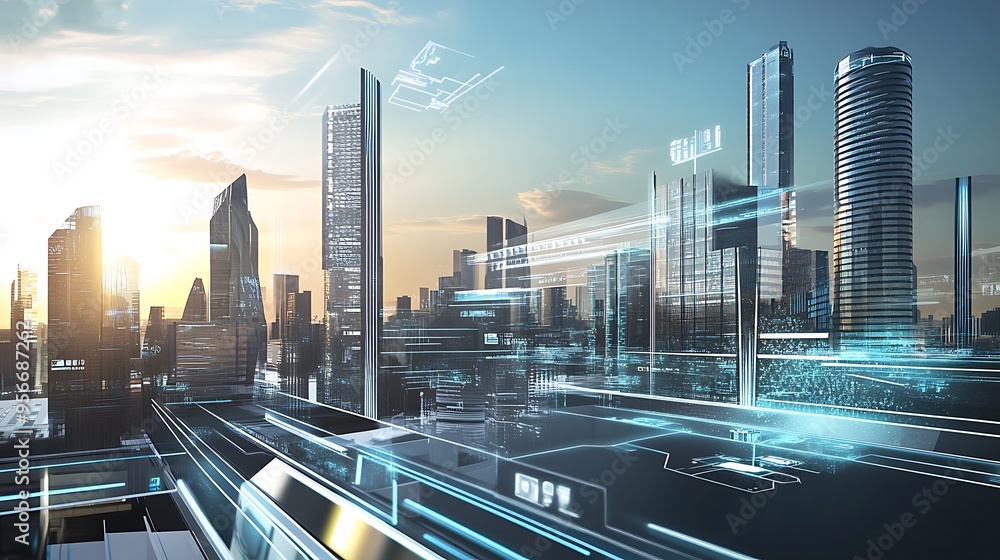 Obraz premium A futuristic city skyline with sleek skyscrapers and advanced technology, symbolizing the trends of 2025. The image captures the blend of modern architecture and digital innovation 