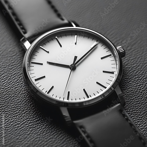 A sleek and stylish watch with a black leather strap and a white face.