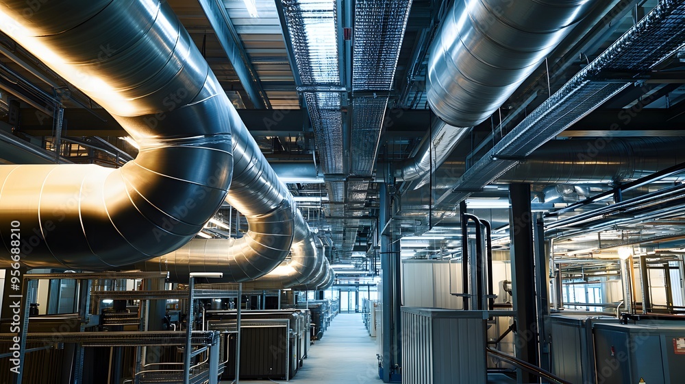 A large industrial building with a lot of pipes and ducts. The space is very open and airy, with a lot of natural light coming in from the windows. Scene is one of efficiency and productivity A large industrial building with a lot of pipes and ducts. The space is very open and airy, with a lot of natural light coming in from the windows. Scene is one of efficiency and productivity