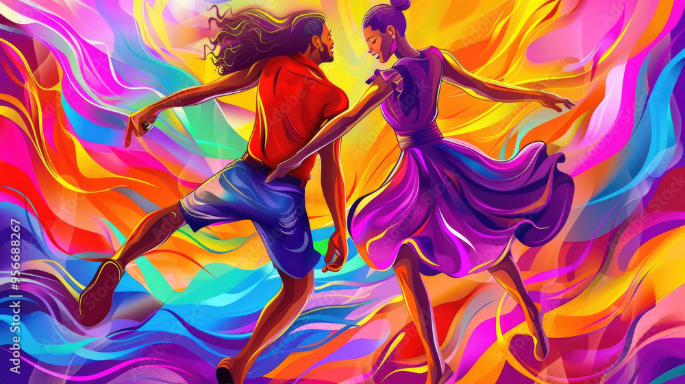 Obraz premium A couple dances playfully together surrounded by bright, swirling colors that reflect joy and celebration in a lively atmosphere
