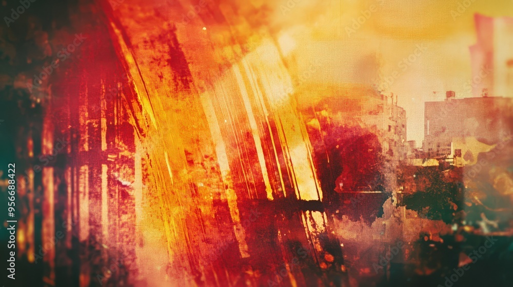 Abstract urban scene with vibrant film burn overlays and warm hues. Abstract urban scene with vibrant film burn overlays and warm hues.