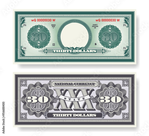 Vector fictional beautiful banknote of 30 dollars. Obverse and reverse of note. Play money with empty circle, guilloche patterns and grid. Blank or sample of certificate. Business and finance. Thirty.