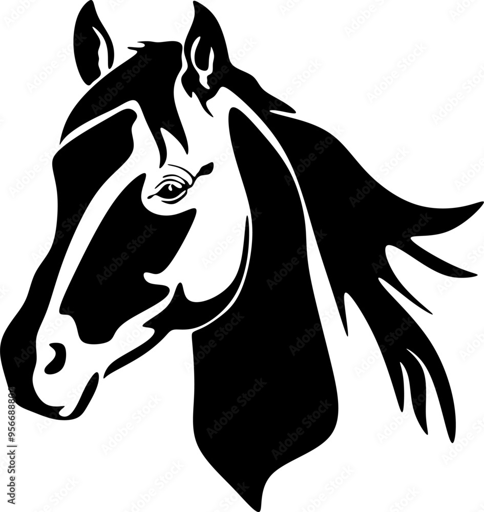 Horse head with flowing mane black and white vector design. Horse head with flowing mane black and white vector design.