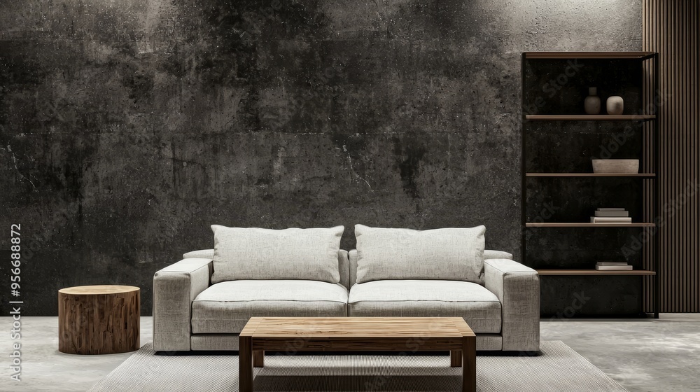Modern living room with concrete wall and gray sofa next to wooden paneling wall. Loft interior design. Modern living room with concrete wall and gray sofa next to wooden paneling wall. Loft interior design.