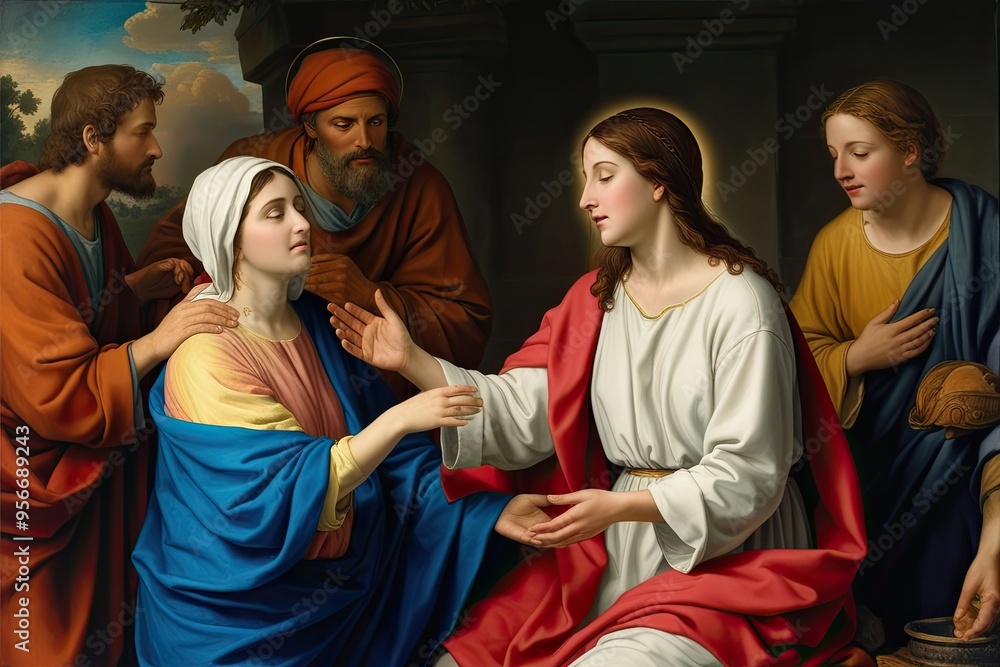 Obraz premium Healing Through Faith The Extraordinary Miracle of a Woman Healed by Jesus Garment