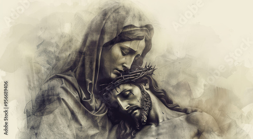 Emotional religious artwork mother mary holding jesus sculpture in mourning