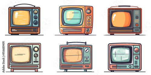 Classic retro TV. Set of old analog TV in cartoon style. Analogue retro TV isolated on white background. Vector illustration