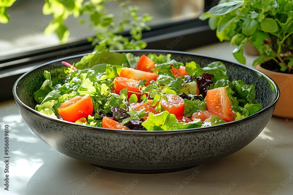 A rustic bowl of fresh salad greens and juicy tomatoes bathed in natural light. A rustic bowl of fresh salad greens and juicy tomatoes bathed in natural light.