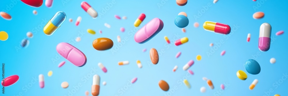 Colorful pills float in the air on a bright blue background for health concepts Colorful pills float in the air on a bright blue background for health concepts