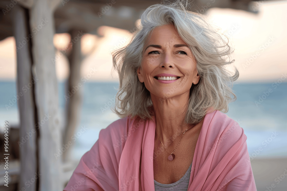 Older Woman Smiling At Beach Sunset Wrapped In Pink Shawl Older Woman Smiling At Beach Sunset Wrapped In Pink Shawl