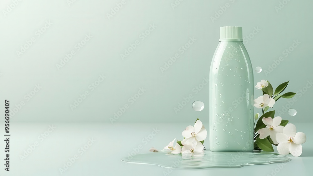 Ecofriendly softener bottle, surrounded by water droplets and flowers, sustainable choice, 3D illustration Ecofriendly softener bottle, surrounded by water droplets and flowers, sustainable choice, 3D illustration