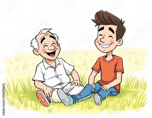 cartoon of a boy and an older man sitting on the grass.