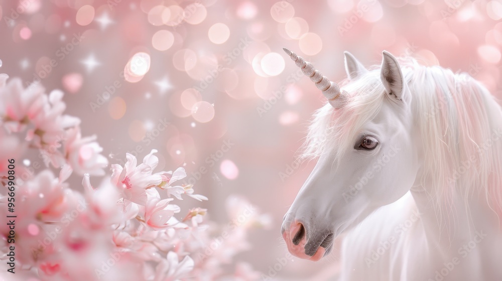 Ethereal Unicorn in Bloom, a majestic white unicorn beside delicate pink flowers, surrounded by a sparkling dreamlike ambiance filled with soft pastel colors. Ethereal Unicorn in Bloom, a majestic white unicorn beside delicate pink flowers, surrounded by a sparkling dreamlike ambiance filled with soft pastel colors.