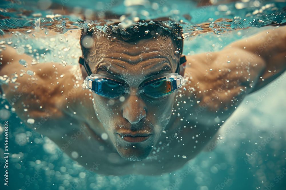 Naklejka premium Motivated person swimmer learning swim sport, racing competition swimming challenge pool, Generative AI