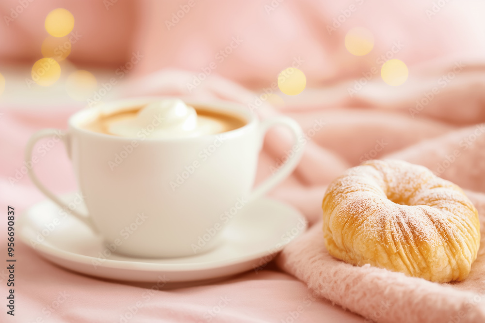 Enjoying a serene morning while sipping a creamy coffee next to a delicious pastry, all nestled on a soft, pink blanket, creating a cozy atmosphere Enjoying a serene morning while sipping a creamy coffee next to a delicious pastry, all nestled on a soft, pink blanket, creating a cozy atmosphere