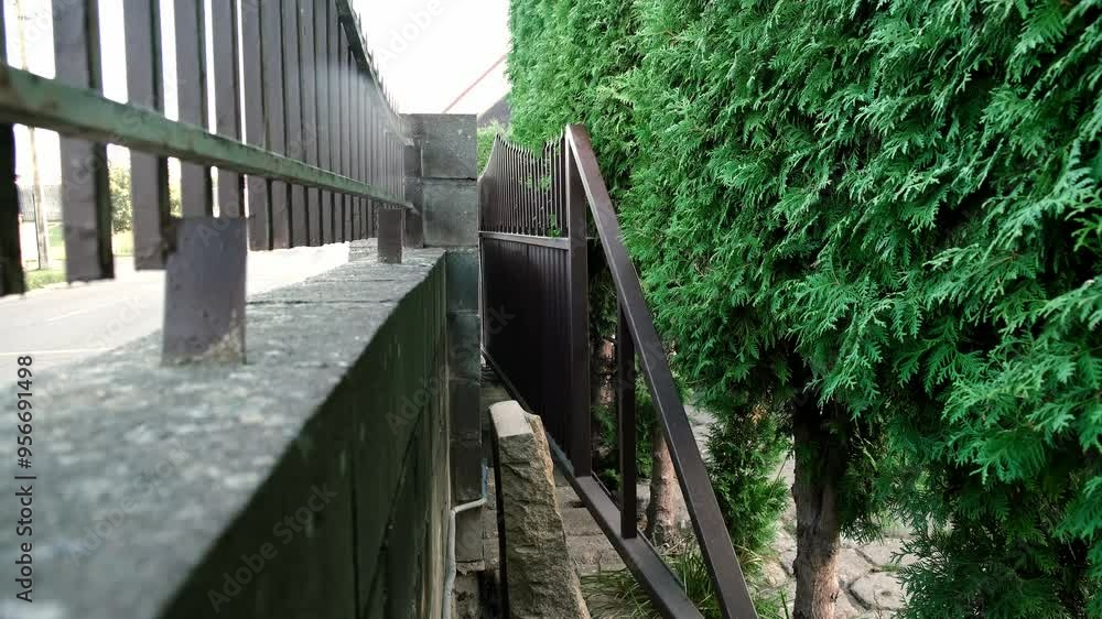 Closing of automatic entrance gate of brown color made of metal. Block fence. Entrance group for cars in the private house. Distance control. Smart home system. Close-up Closing of automatic entrance gate of brown color made of metal. Block fence. Entrance group for cars in the private house. Distance control. Smart home system. Close-up
